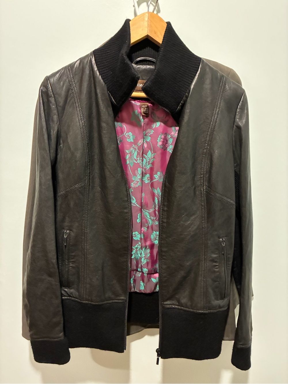 DANIER Black Leather Bomber Jacket with Pink/Purple Floral Lining - Size XS